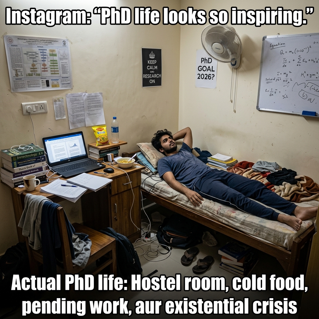 The Instagram PhD vs Hostel Reality: Online: aesthetic research life. Offline: hostel bucket and deadlines.